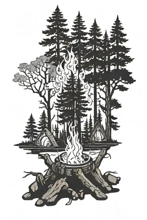 Forest With A Campfire Surrounded By Trees