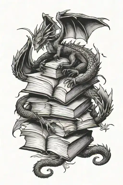 Stack Of Open Books Surrounded By Dragon Flying Away