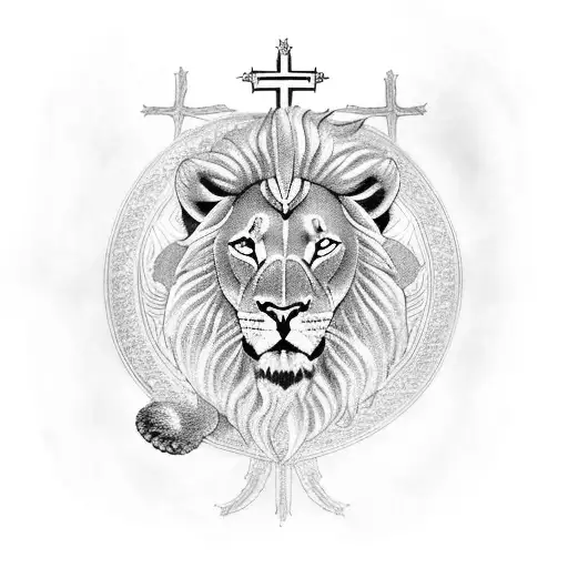 Christian Cross With Lion And Jesus With Throne Crown