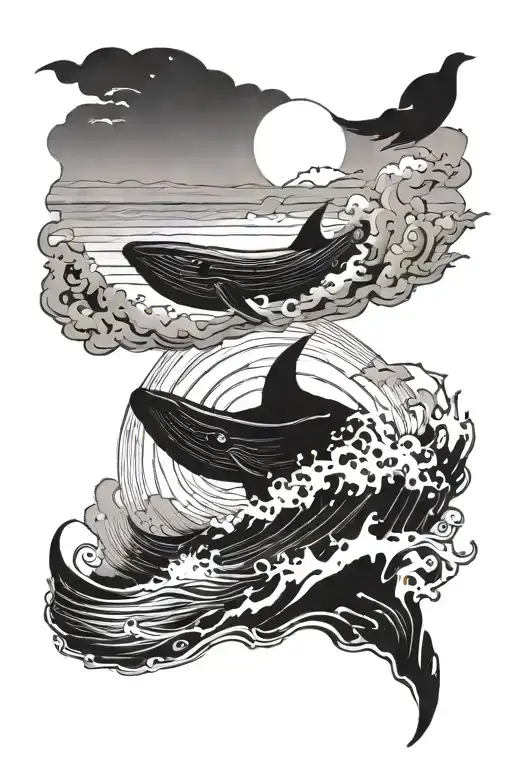 Whale Jumping Out Of Water In Sunset Old Boat In Horizon With Bird In The Sky