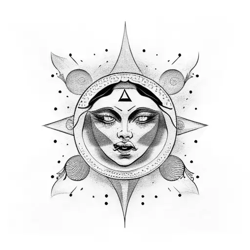 Ancient Traditional Sun With A Fierce Woman In The Middle