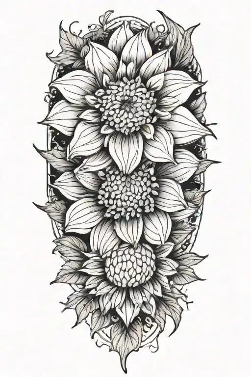 A Blackwork Tattoo Of A Dahlia And Chrysanthemum