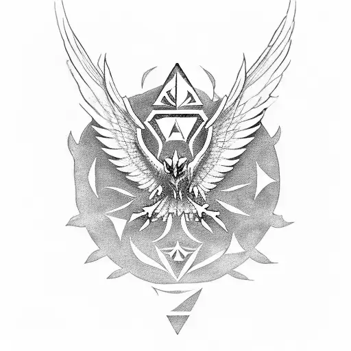 A Blackwork Tattoo Depicting A Hawk Soaring Above The Iconic Hyrule Castle From Zelda