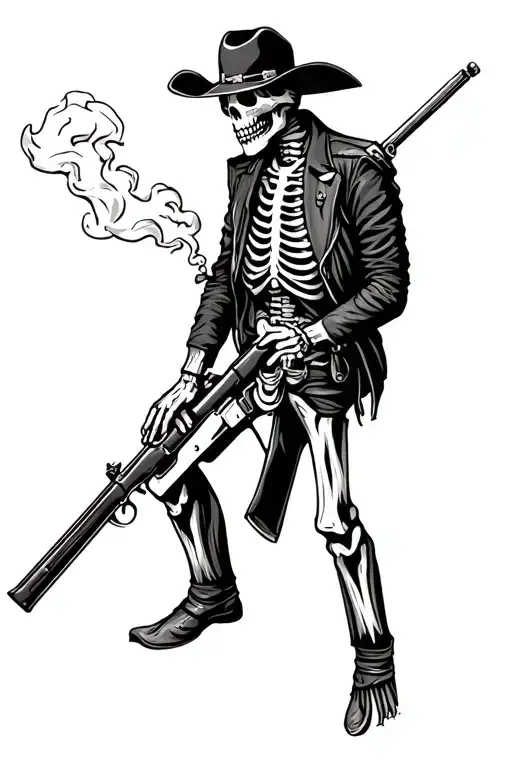 Western Cowboy Skeleton Holding Smoking Rifle