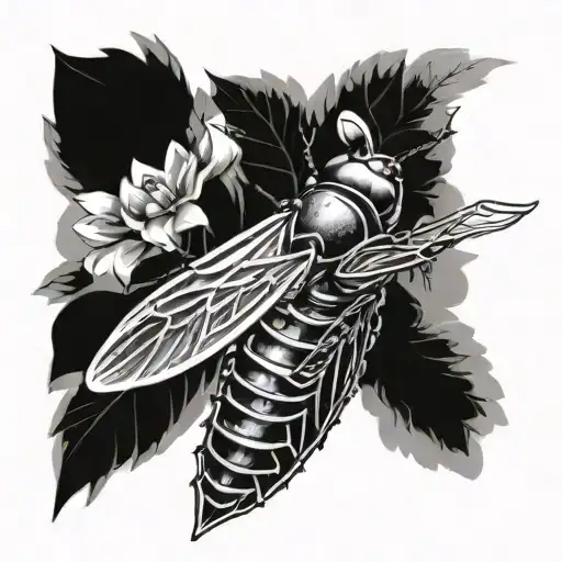 Black Grey Cicada Tattoo Design Incorporating Musical Notes