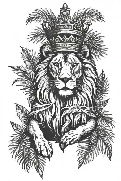 A Lion Wearing A Crown Surrounded By Palm Leaves