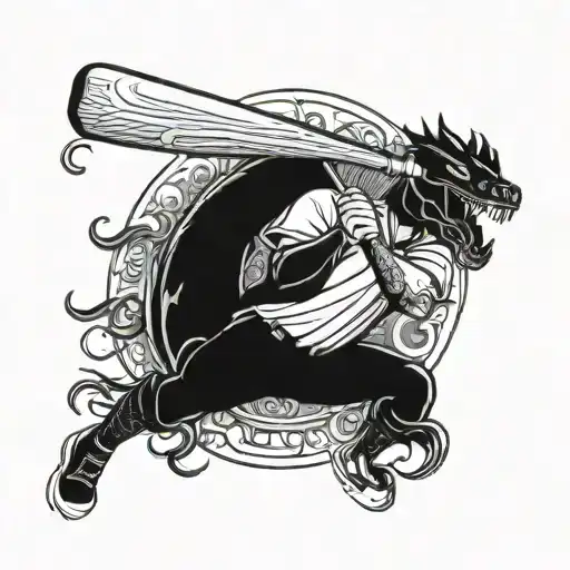 A Baseball Player Swinging A Bat With A Dragon Flying Overhead
