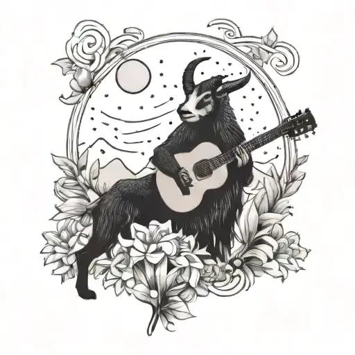 A Dotwork Tattoo Of A Mountain Goat Playing A Guitar In A Field Of Lilies Under A Taurus Moon