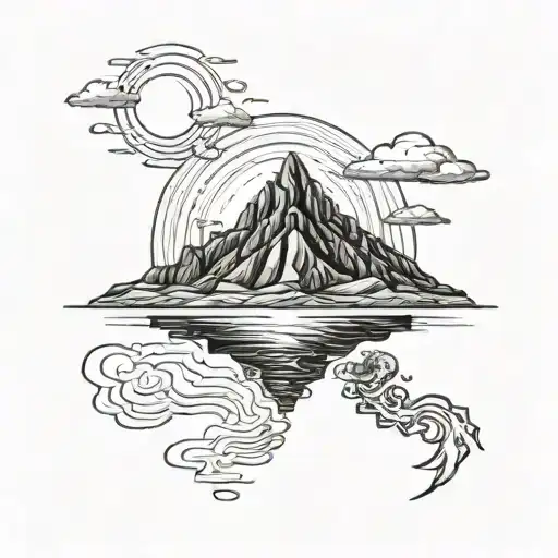 A Blackwork Tattoo Of A Volcano Surrounded By A Ring Of Different Types Of Volcanic Rocks