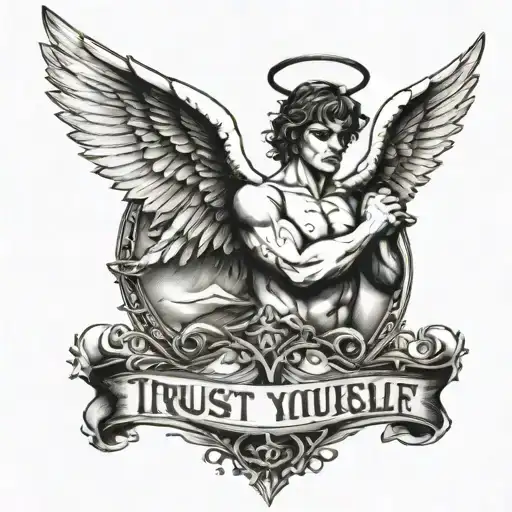 Topless Male Angel Fighting With Banner 'Trust Yourself'