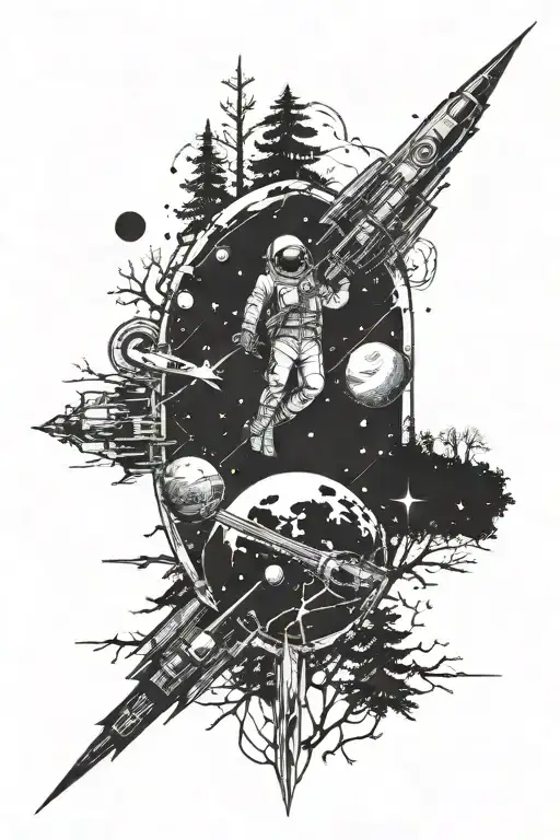 Full Sleeve Tattoo Featuring A Space Theme Down To A Forest Theme