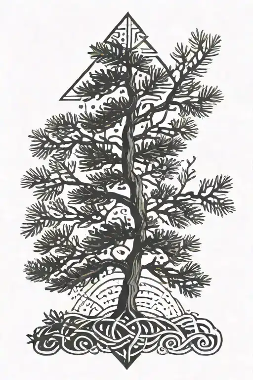 An Abstract Design Of Pine Tree Branches Intertwined With Nordic Symbols