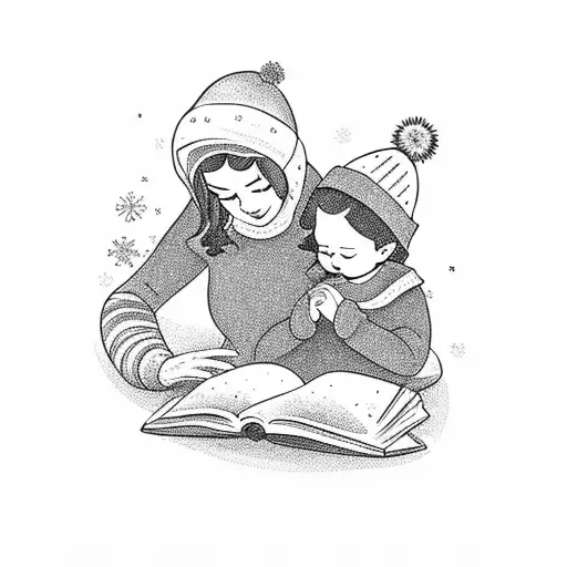 A Mother And Child Reading Together In A Winter Wonderland