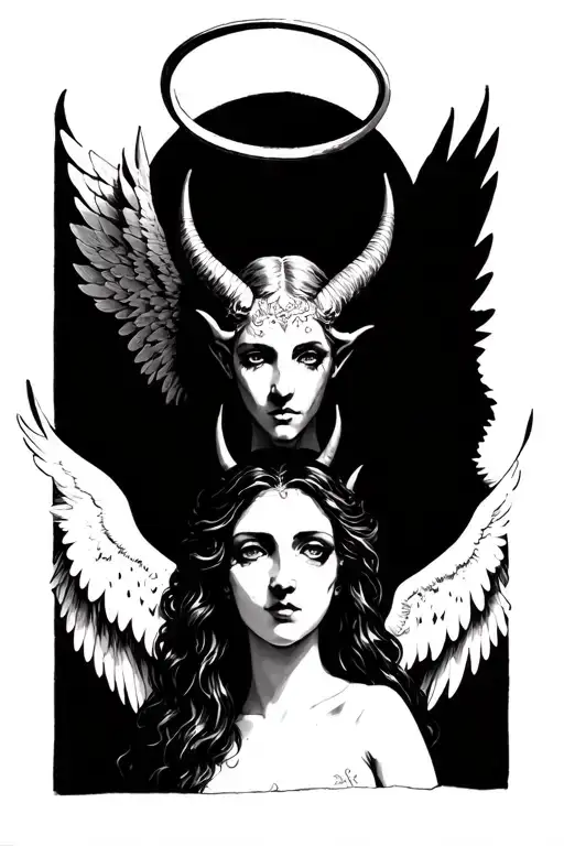 Devil With Halo And Angel With Horns Holding An Female Angel