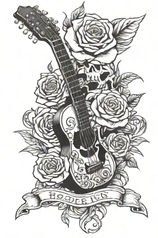A Punk Rock Inspired Tattoo Featuring A Guitar And Skull With Roses