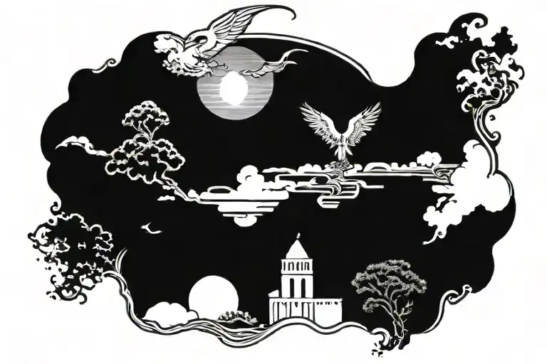 Sky With Rays With A Greek God And An Eagle In A Landscape