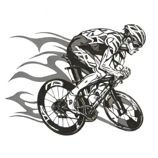 A Stylized Blackwork Tattoo Of A Triathlete Crossing The Finish Line Of A Full-length Triathlon Race