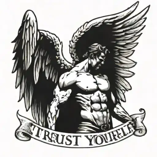 Topless Muscular Male Angel With Slogan 'Trust Yourself'