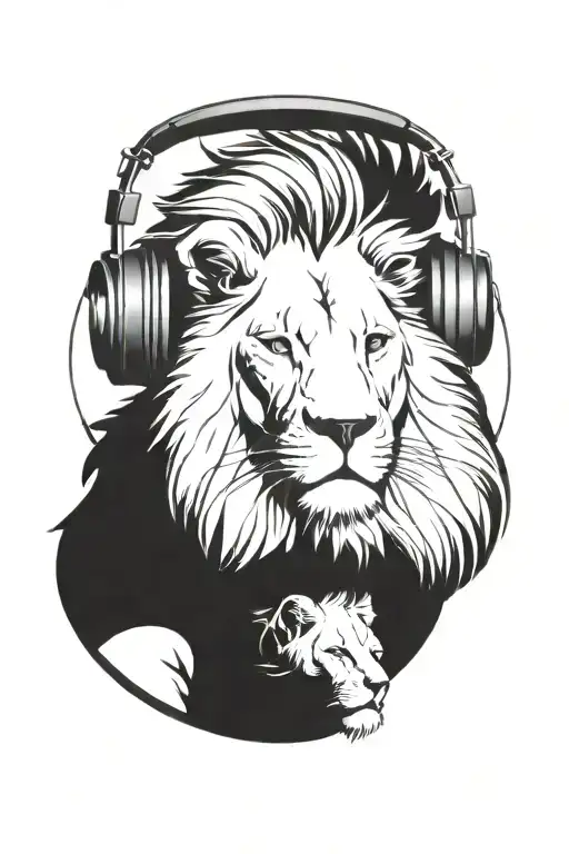 Lion Wearing Headphones And Listening Watching Brother And Sister Playing In The Sunset
