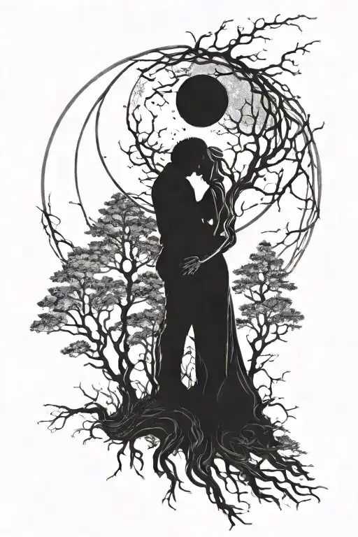 A Mystical Forest Scene With A Couple Gazing At The Moon