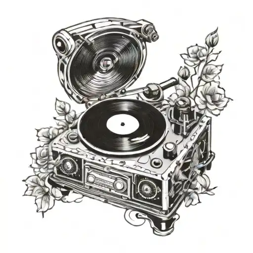 A Blackwork Tattoo Of A Vintage Record Player With Floral Accents