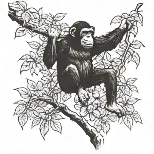 Full Body Chimp Hanging From A Tree While Laughing