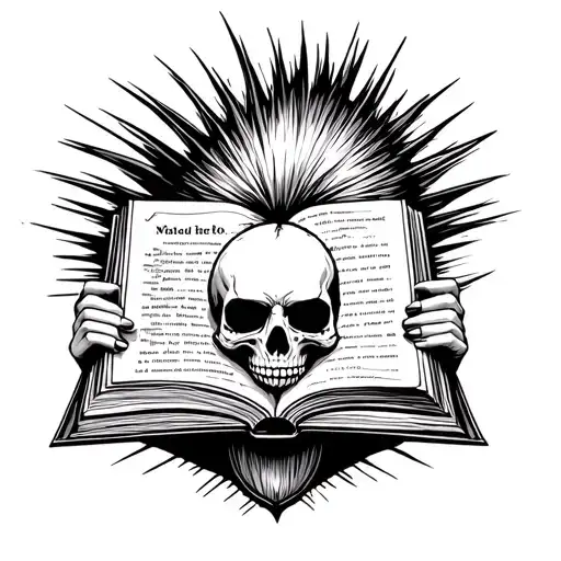 A Skull With A Mohawk Hair Tattoo Holding Open Book