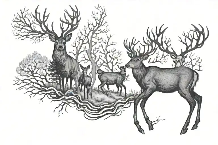 4 Deer And A Tree Growing