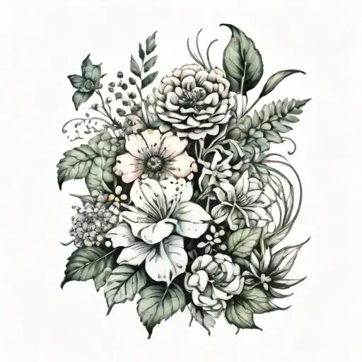 A Watercolor Garden Scene With Vibrant Flowers And Lush Greenery