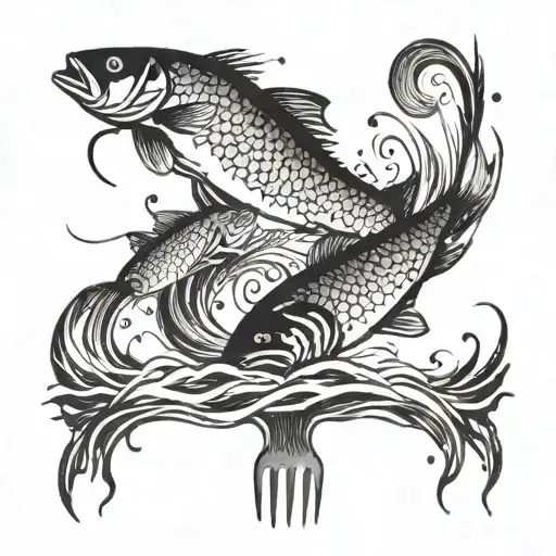 Watercolor Fork Morphing Into A Flowing River With Fish Swimming Around It