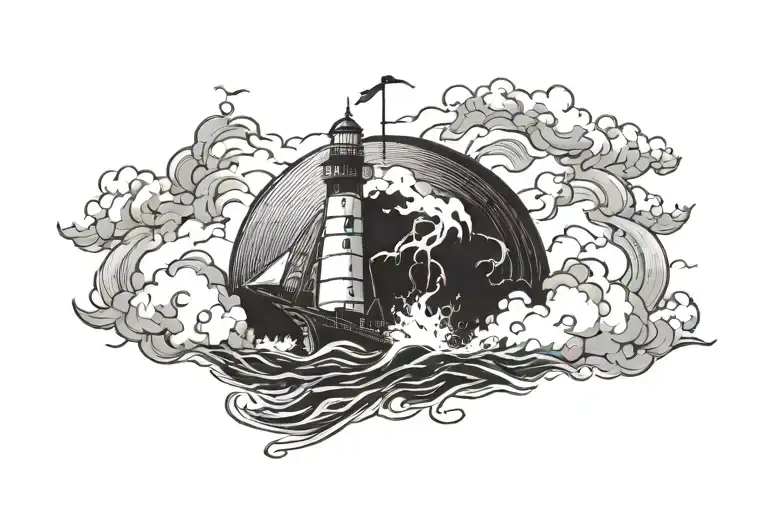A Ship In The Middle Of A Storm At Sea Reaching A Lighthouse