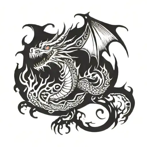 A Fiery Dragon Breathing Flames In A Blackwork Style