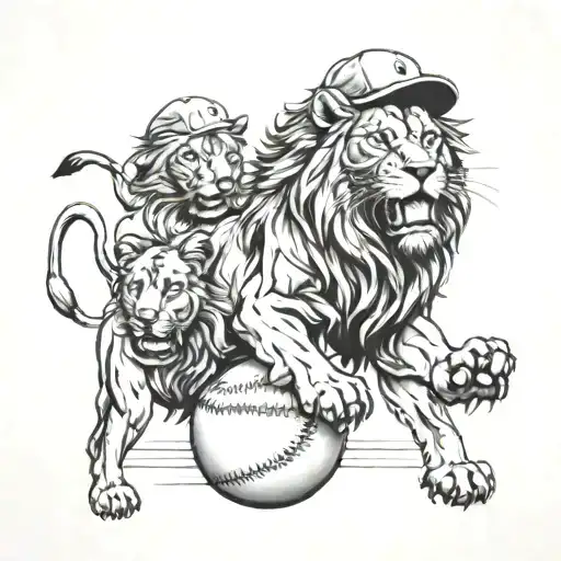 A Lion Wearing A Baseball Cap Playing Football With Its Family Members