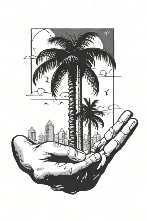 Buildings Palm Tress God And Money Falling