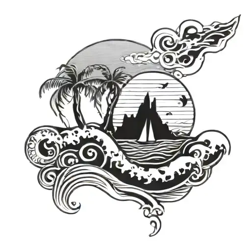 A Beach Scene With Gang Symbols Subtly Incorporated Into The Waves And Sand