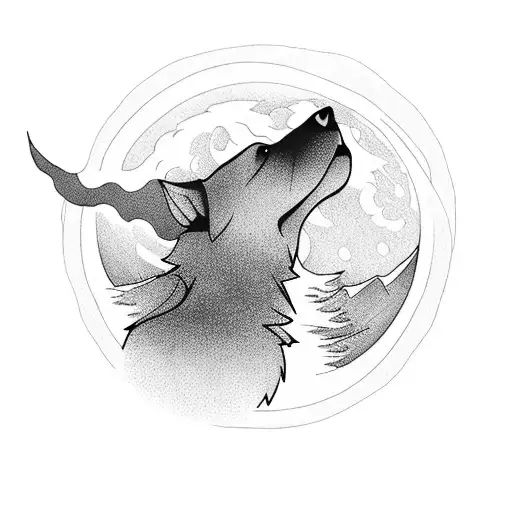 A Majestic Mountain Range With A Silhouette Of A Dog Howling At The Moon