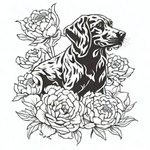 An Abstract Representation Of The Client's Favorite Dog Breed Swimming In A Sea Of Peonies