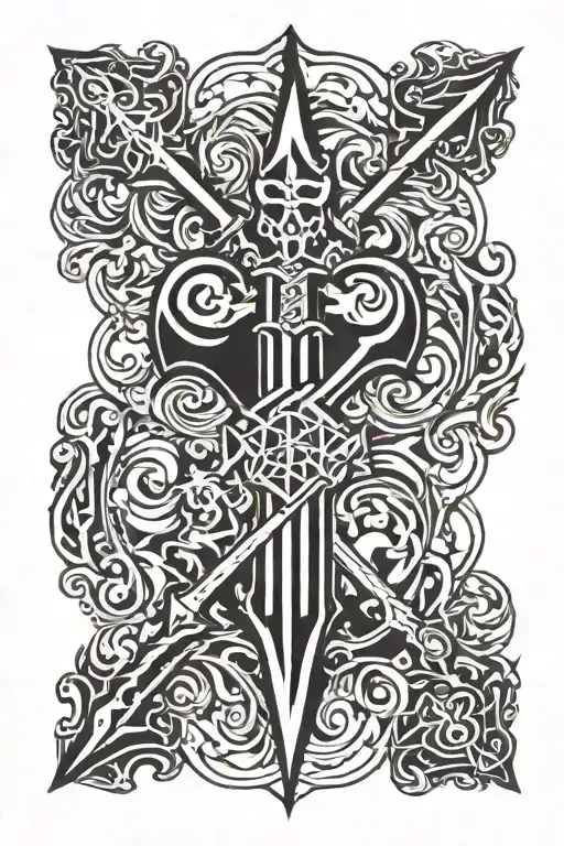 A Patchwork Trident Tattoo That Is A Little On Fire