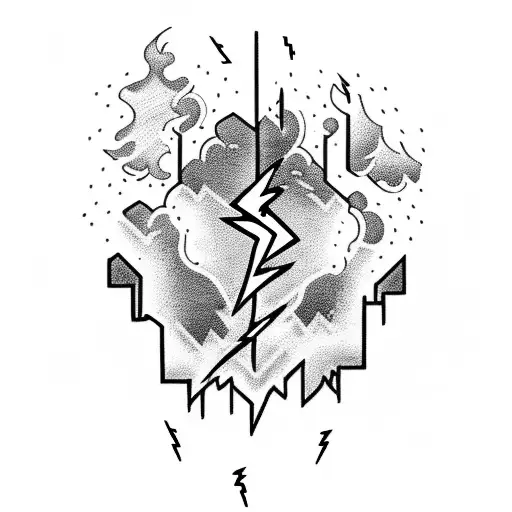 A Blackwork Tattoo Of A Majestic Lightning Bolt Illuminating A Dark Cityscape