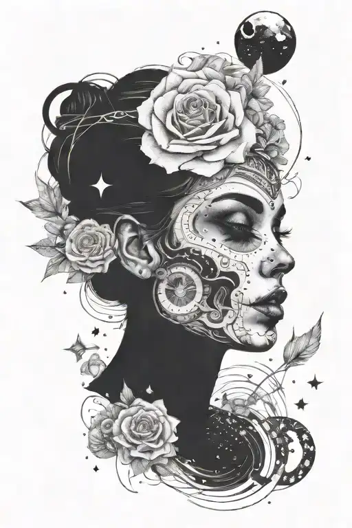 Women's Face Half Skull With Dark Eyes Surrounded By Galaxy With Planets And Stars