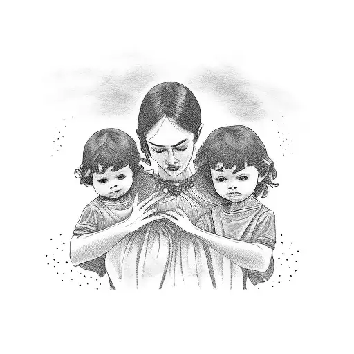 A Mother With Two Children On A Rail