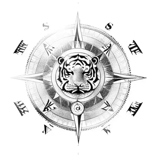 A Sailor's Compass With Intricate Blackwork Detailing And A Tiger's Face In The Center