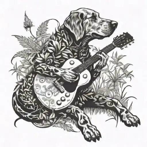 A Surreal Scene Of A Giant Dog Playing A Guitar In A Field Of Marijuana Plants
