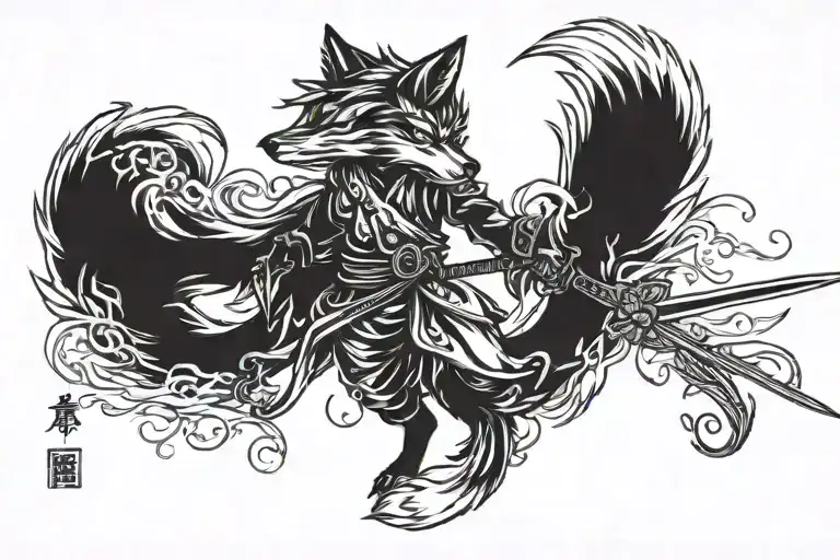 A Nine Tailed Fox Playing With A Katana