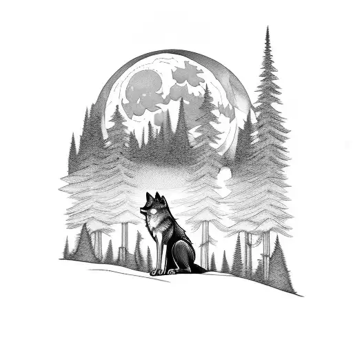 Tattoo Sleeve With Wolf Standing At Lake In Front Of A Forest With A Full Moon In The Sky