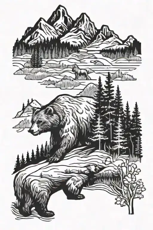A Single Majestic Bear Watching Over A Meadow In A Forest Of Towering Mountains And Pine Trees