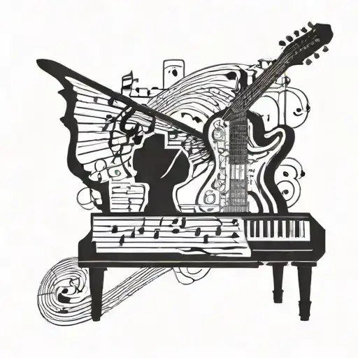 Incorporate A Guitar And Piano Keyboard Intertwined With Music Notes And Symbols