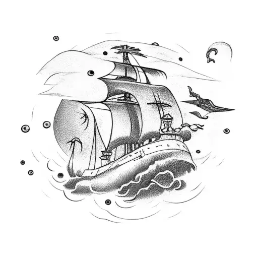 Pirate Ship With Giant Squid And Treasure Chest And Thunderstorm