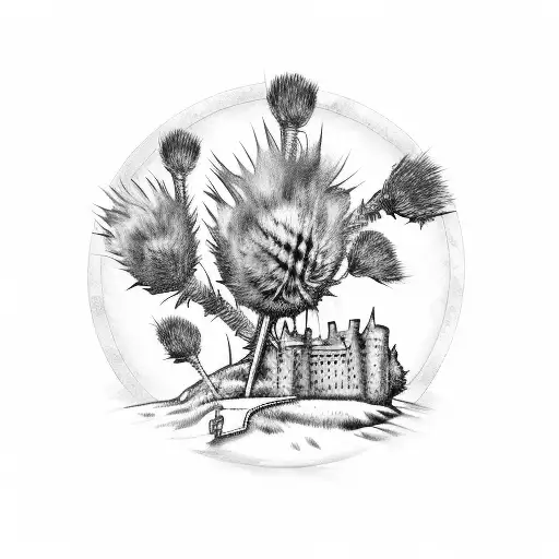 Scottish Castle Surrounded By Thistles And Bagpipes