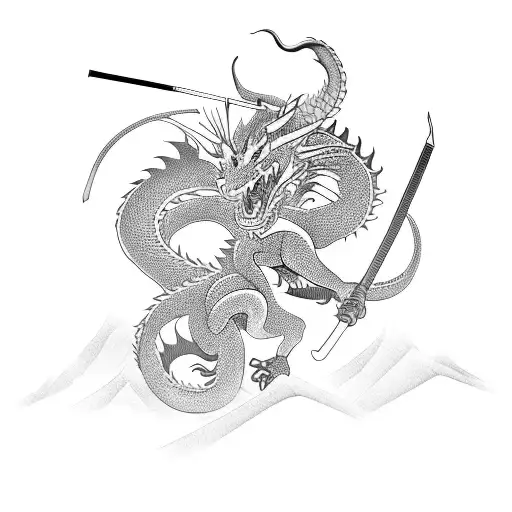 Oriental Paintbrush Style Samurai Fighting A Dragon